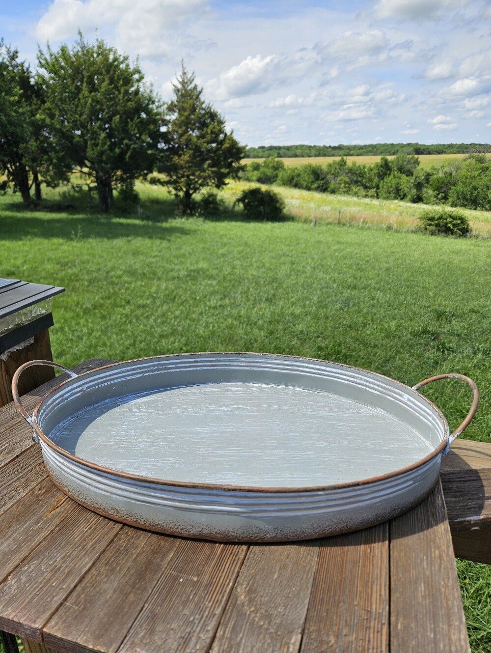 Round Metal Serving Tray with Handles - Light Blue and Rust Accent